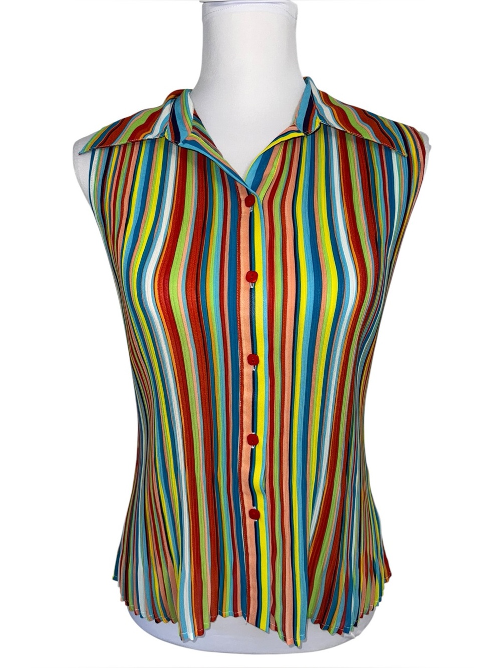 Essentials By Milano Small Rainbow Stripe Pleated Blouse Sleeveless Button Front